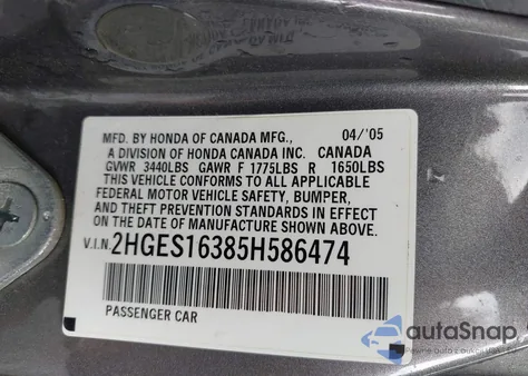 2005 Honda Civic Vp from USA, damaged, VIN 2HGES16385H586474